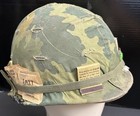 Vietnam War Era Us M1 Steel Helmet   1960s Liner 1967 Camo Cover   Elastic Band