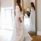 Elegant White Wedding Dresses Floral Sleeve Ruffle Tiered Lace Skirt Bridal Gown