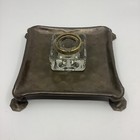 Antique Square Glass Ink Well W  Footed Brass Pen Tray 7   