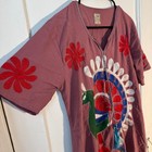 Vtg Maxi Dress Embroidery Peacock Kaftan Mauve Pink Boho Tassel V-neck Tall M