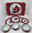 Vintage Ohio Art Child   s Tea Set Red Confetti Tin Lithograph Dishes 8 Pieces Usa