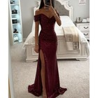 Women   s Sequin Off-shoulder Split Party Dress     Slim Fit Elegant Evening Dress  