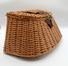 Vtg Wicker Fly Fishing Creel Trout Basket Leather Buckle Rustic Cabin Decor