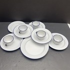 Vintage Ker Sweden Enamelware Set     12 Pc White Blue 6 Plates 5 Cups 1 Dish