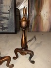 Antique Brass   Iron Fireplace Andirons Pair W  Turned Columns