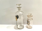 2 Antique Apothecary Clear Glass Bottles With Stoppers Gold Labels