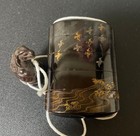Antique Japanese Inro Black Lacquer Gold Maki-e Pine Birds Four Case Netsuke