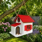 Hanging House Style Seed Bird Feeder W  Tray Platform  Red Roof White Body