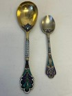 Two Antique Russian Silver Cloisonne   Champleve Enamel Spoons  A  Kuzmichev