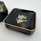 Vintage Japanese Lacquerware Coaster Set Iris Floral 6 Coasters W  Storage Box