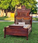 Antique Grand Eastlake Victorian Carved Burled Walnut Full Size Bed With Rails
