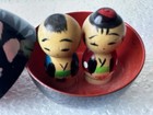 Japanese Kokeshi Dolls Hand Carved Figures Nested In Bowl W lid Black Lacquer