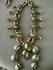 Old Native American Navajo Gem Turquoise Sterling Silver Squash Blossom Necklace