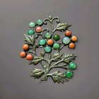 Antique 800 Silver Coral Jade Floral Brooch Art Noveau Botanical Berry Pin 14 G