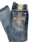 Mens Rock Revival Jean Raelyn 32x32 Straight Leg Blue Wash White Stitch Nwt