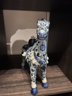 Vintage 1970 s Chinoiserie Prancing Horse Blue   White Statuette Large Figurine