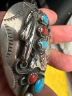 Vintage Navajo Sterling Silver Turquoise Coral Chief Bolo Tie Western Cowboy