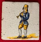 Antique 19th C  Portuguese French Spanish Faience Pottery Delft Tile Man   Horn