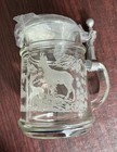 Glass Stein With Pewter Lid Etched Deer In Forest Scene 16 Ounce Capacity