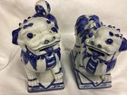 Pair Of Vintage Blue   White Foo Dog Chinese Guardian Figurine Lion Statues
