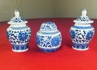 Vintage Chinese Porcelain Miniature Ginger Spice Jars 3 Lot Lidded Blue   White