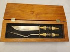 Vintage Chinese Carved Wood Box W  Bone   Brass Handle Carving Set Knife Fork