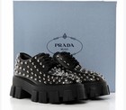 Prada Leather Oxford Dress Shoes Black silver Studded Lace-up Round Toe 9 5 W