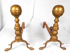 Antique Pair 19th C  Brass Ball Top Federal Andirons With Matching Log Stops