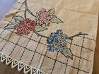 Nice Vintage Hand Embroidered Flowers W grid Pattern Dark Beige Table Runner 51 