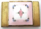 La Mode Rose Guilloche Pink Enamel Compact Powder Rouge Lipstick Mirror Vintage