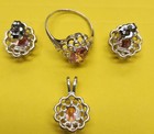 Vintage  925 Sterling  4pc  Pendant  Earring  And Ring Set With Pink Stones  