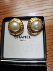 Authentic Vintage Chanel Clip On Gold Tone Button Earrings Pearl Rope Cc Logo