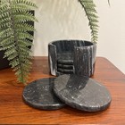 Vintage Set Of 5 Black Marble Coasters With Holder Cork Bottom Made In Taiwan