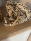 Jaguar Warrior Skull Statue Mexican Folk Art Hand Carved Resin Sculpture