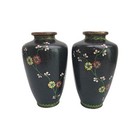 Antique Chinese Black Floral Cloisonne Enamel Vase Pair Double Sided Pattern 