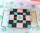 Vintage Mcm Atomic Ceramic Tile Trivet Hot Plate Blue Pink Gold Mosaic Art