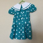 Vintage Little Girls Teal Blue Green Polka Dot Dress 5 Kate Greenaway