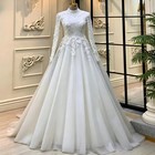 Vintage Muslim Wedding Dresses High Neck Long Sleeves Lace Applique Bridal Gowns