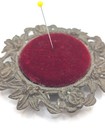 Vintage Ornate Brass Pincushion Red Velvet Rose Pin Cushion Flower Small Sewing