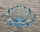 Mid Century Modern Mcm Clear Turquiose Glass Compote Thick Glass Ruffle   