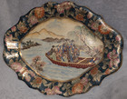 Vintage Crackle Glaze Chinese Royal Satsuma Handpainted Gilded Oval Platter
