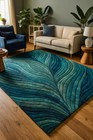 Modern Teal Geometric Area Rug - Hand Tufted 3d Wave Pattern - Luxury High-low