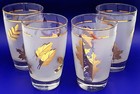 Set Of 4 Libbey Gold Leaves Frosted Tumbler Vintage Mid-century Era Glasses Exc 