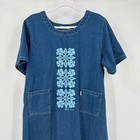 Womens Vintage Denim Hibiscus Floral Resort Midi Dress Size L Hawaiian Aloha