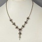 Vtg Art Deco Rhinestone Necklace Y Drop Silver Tone Chain Clear Red Prong Set 16