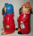 Bulldog Bank Dog Asian Banks Red Chalkware Handpainted Pair Plaster Hat Vintage 