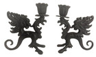 Vintage 2 Black Cast Iron Candle Holders Gothic Dragon Griffin Figures  5x5 5in