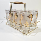 Vintage Libbey Golden Foliage Frosted Glass Tumbler Set 8 Glasses With Caddy Mcm