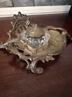 Antique Brass Inkwell With Glass Jar 9    L X 3    H