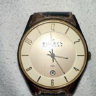 Skagen Denmark Quartz Dress Watch Date  Gold-tone Case  Black Leather Strap
